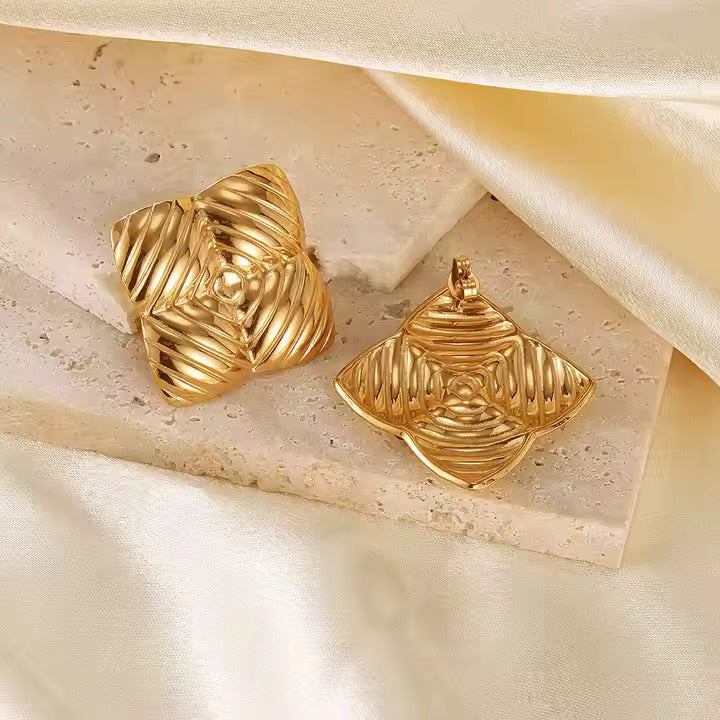 Engraved Square Earrings - Gold Plated