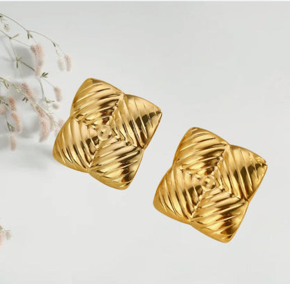 Engraved Square Earrings - Gold Plated